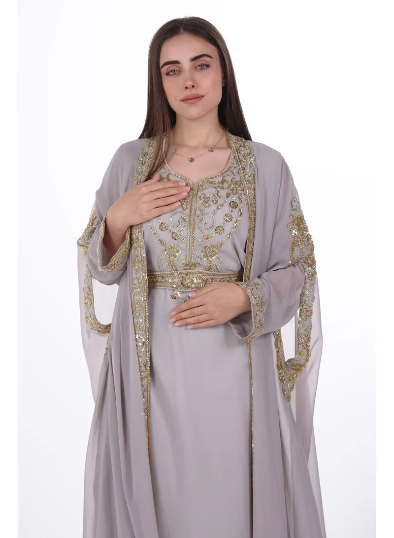 AL BENT AL SHARQIEH grey emboidered chiffon kaftan dress for Women | Best Price UAE